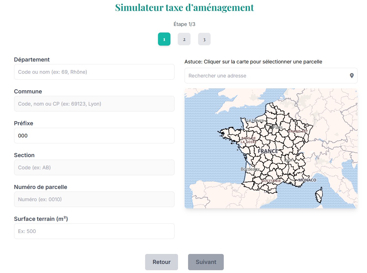 Etape 1 : Localisation parcellaire ultra précise: obtenez les taux locaux et abbattements rééls votés par les collectivités locales - données officielles DGFIP
