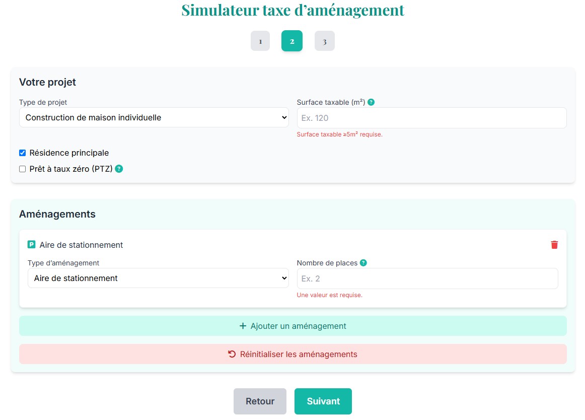 Etape 2 : Description des aménagements ultra intuitive et complète pour ne rien oublier: parking, piscine, photovoltaïque, serre, ...