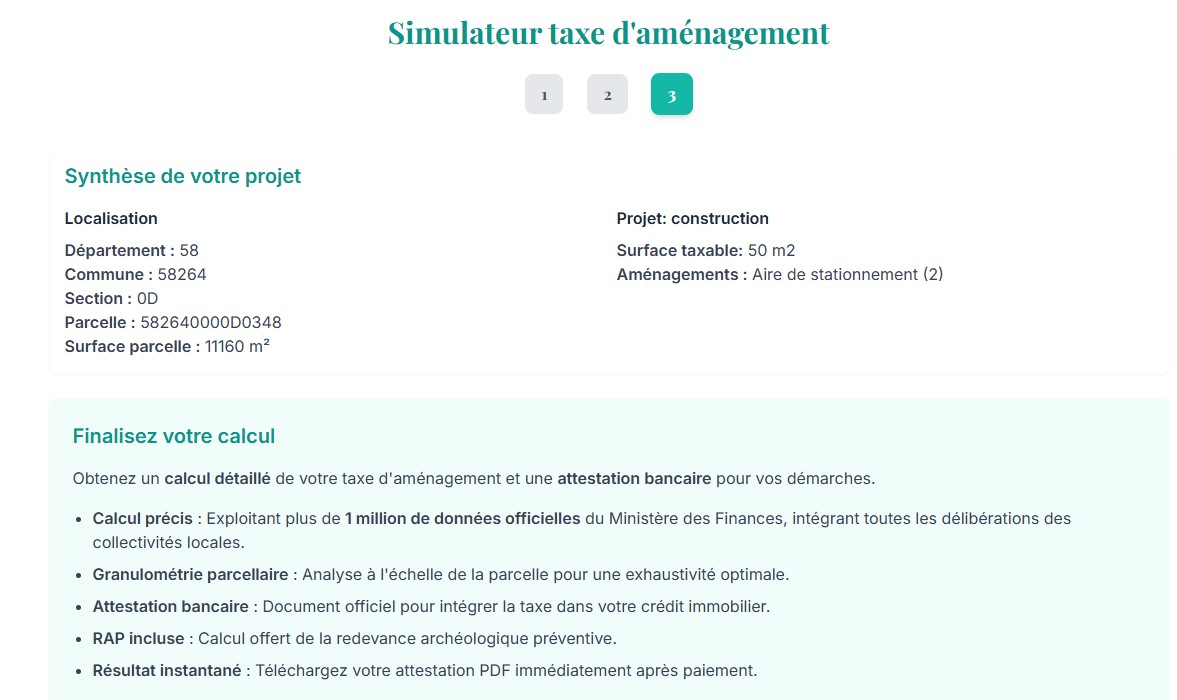 Etape 3 : Obtenez votre estimation en 1 clic - notre simulateur récupère directement les taux/abattements/éxonérations et réalise l'ensemble des calculs